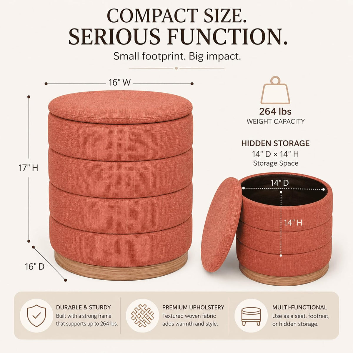 Linen Storage Ottoman Round Footrest with Hidden Storage, Coral Orange 16" L X16 W X 17" H