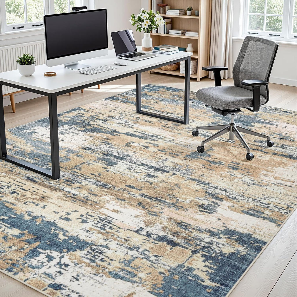 8x10 Area Rugs for Living Room Large Washable Abstract Rug Room Brown/Blue