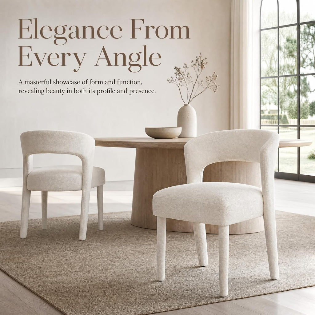 HNY Mid-Century Upholstered Dining Chairs Set of 4, Modern Chenille Barrel Dining Room Chairs Curved Open Back Accent Side Chairs with Solid Wood Legs for Kitchen Living Room, White