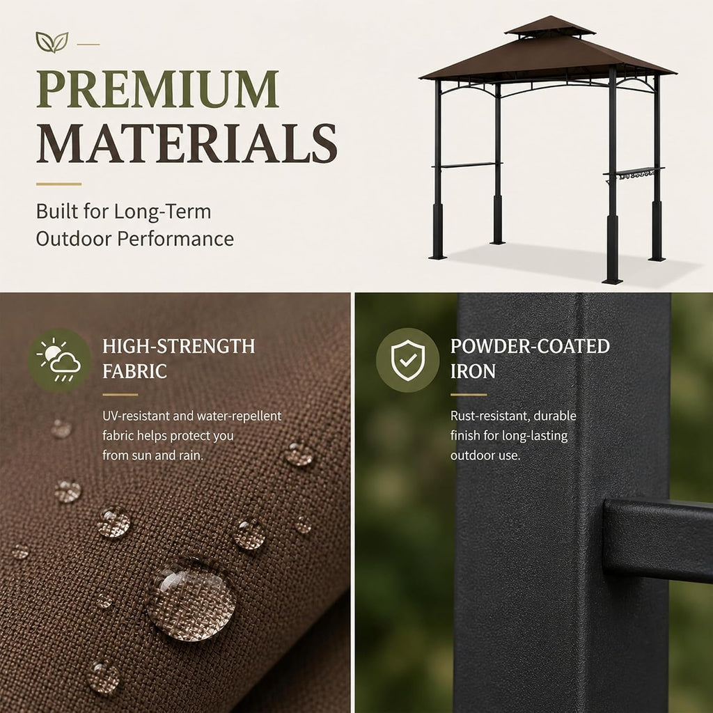 Garvee 8x5 Grill Gazebo, Outdoor BBQ Canopy Shelter with Double Tiered Roof Ventilation - Heavy Duty Patio Canopy Tent Steel Frame for Backyard Garden Lawn Grilling Party Picnic Cooking Events, Brown