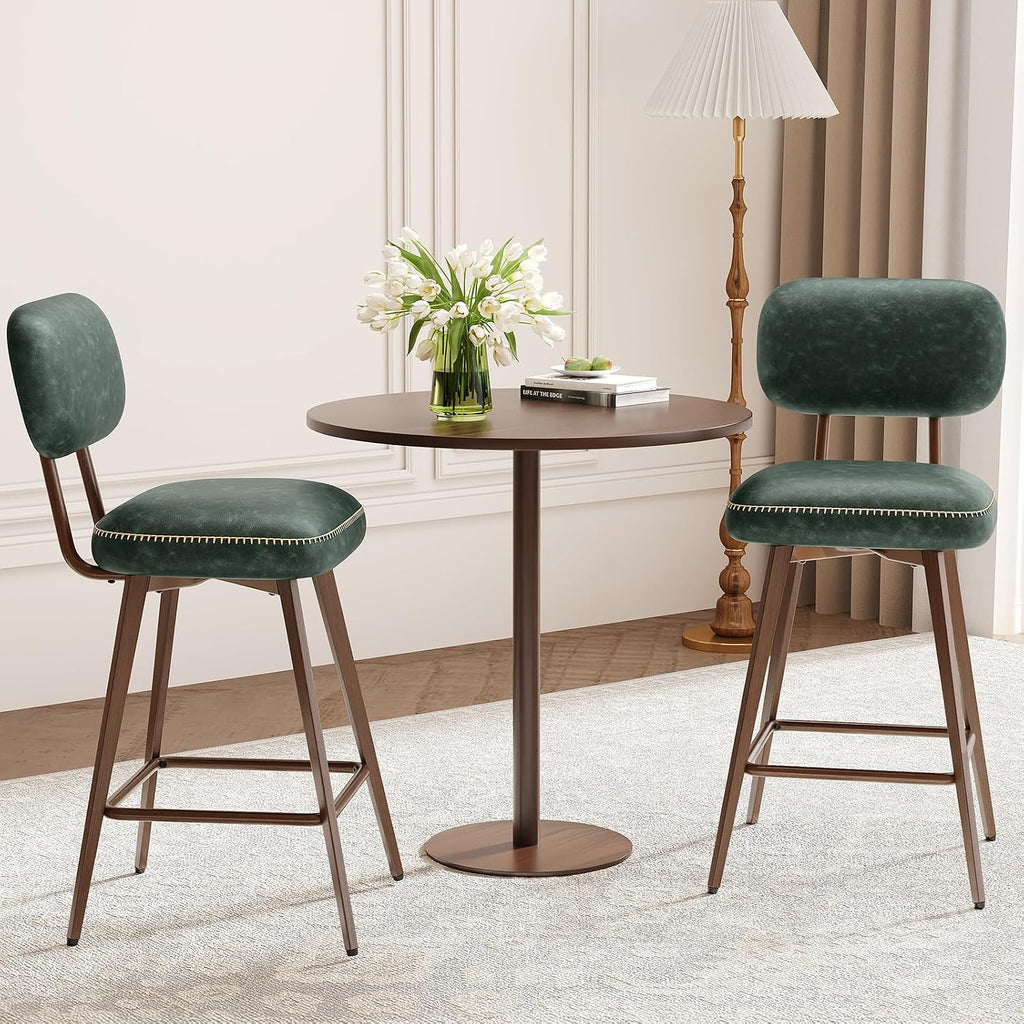 MALOL 26“ PU Leather Swivel Bar Stools Set of 4, Mid Century Counter Height Bar Chairs with Low Back and Metal Legs, Modern Bar Stool Chair for Kitchen Island, Green
