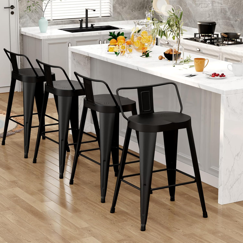 ALISH 24 Inch Bar Stools Set of 4, Industrial Metal Barstools Farmhouse Bar Chairs with Large Seat for Kitchen Island (24 Inch, Black)