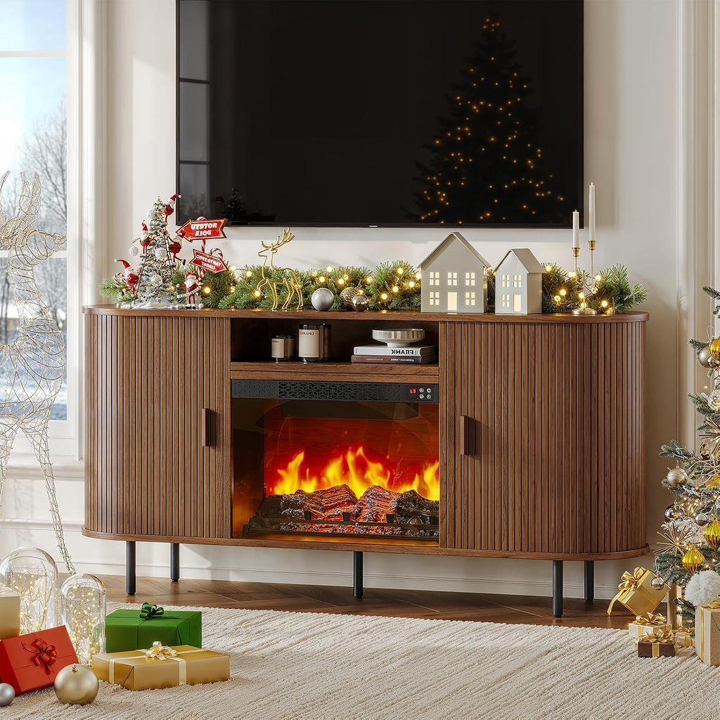 ComfyCorner 63" Fluted Fireplace TV Stand with Sliding Doors & Power Outlet