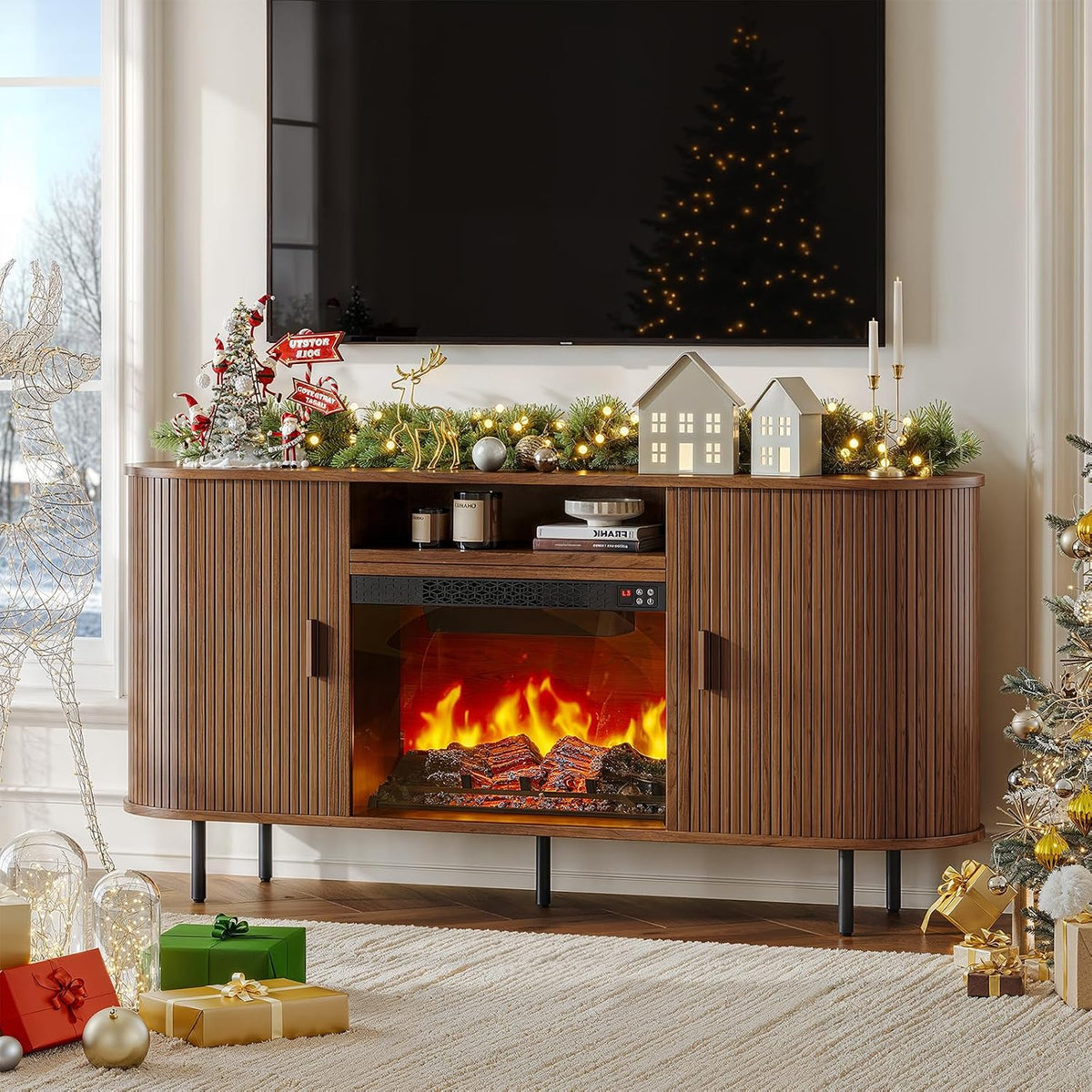 ComfyCorner 63" Fluted Fireplace TV Stand with Sliding Doors & Power Outlet