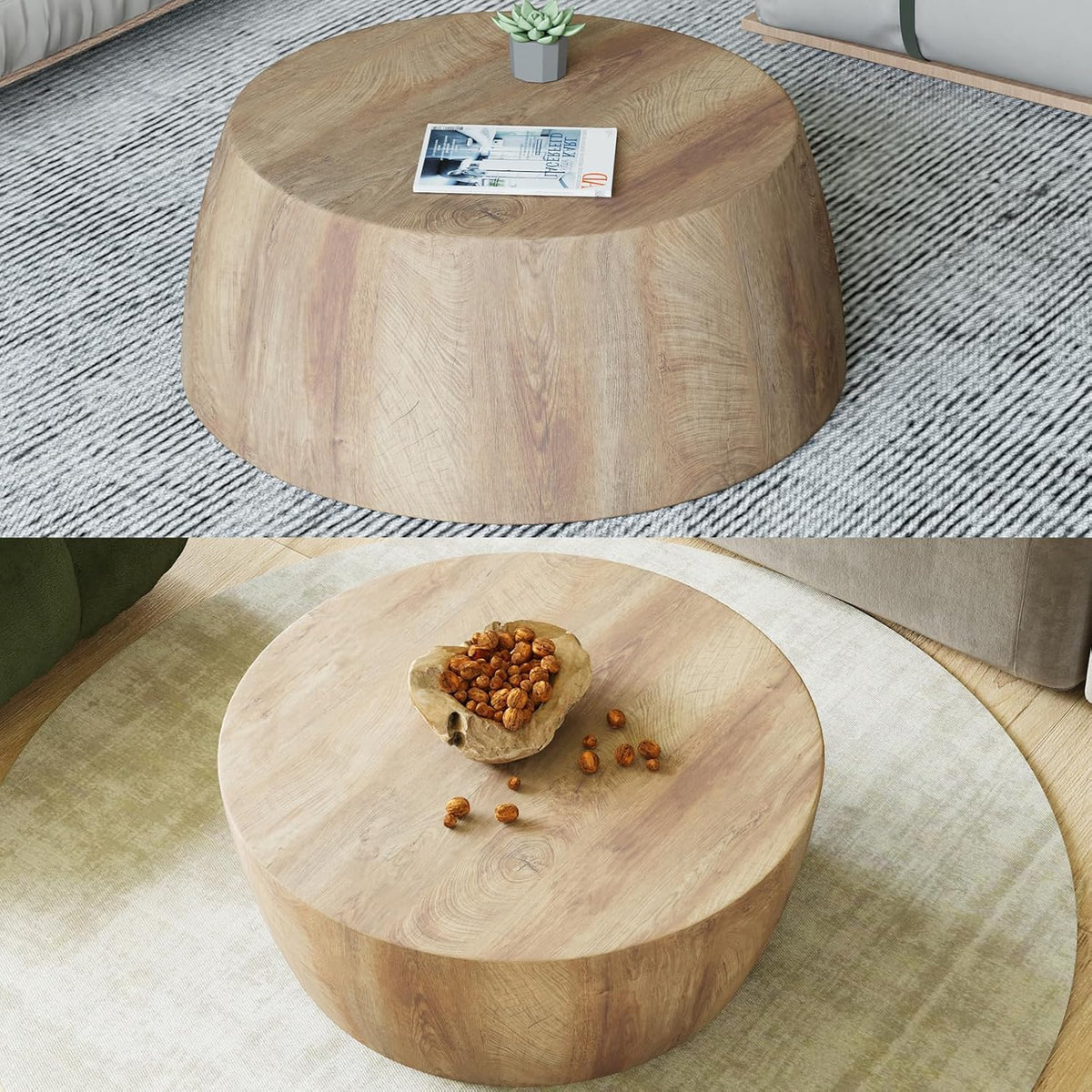 Drum Coffee Table, Modern Industrial Wooden 29.53" W x 11.81" H Round Coffee Table, Natural Wood Circle Center Table Cocktail Tea Accent Table for Living Room Apartment No Assemble
