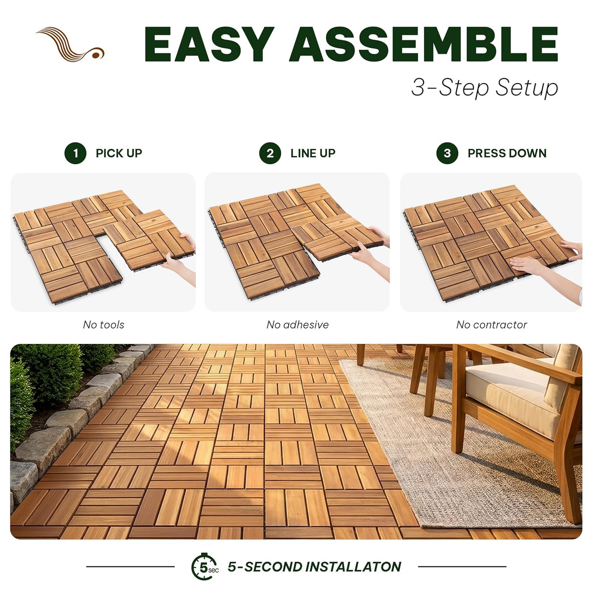 acacia interlocking deck tiles, 9 pcs wood flooring, side view