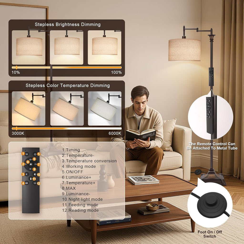 Scenekoy 68” Tall Swing Arm Floor Lamp with Remote for Living Room Bedroom