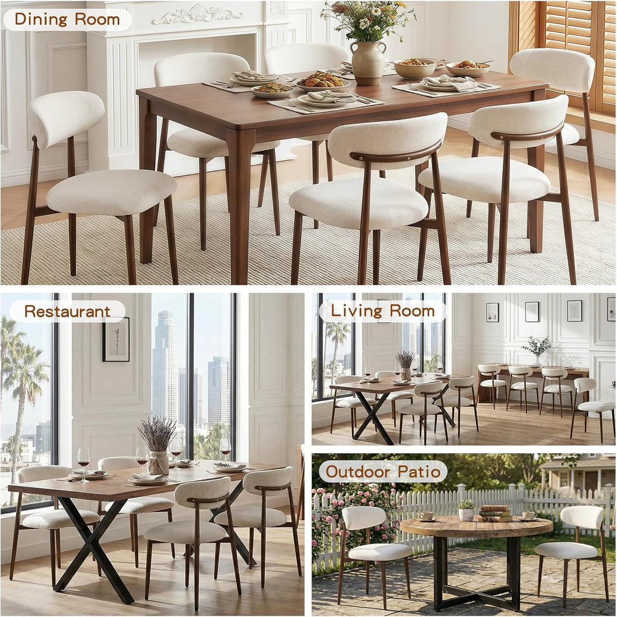 Furniliving Mid Century Modern Dining Chairs Set of 4, 300 lbs Capacity Upholstered Linen Kitchen Chairs with Walnut Grain Metal Legs and Ergonomic Curved Back, Beige(Walnut/Linen)