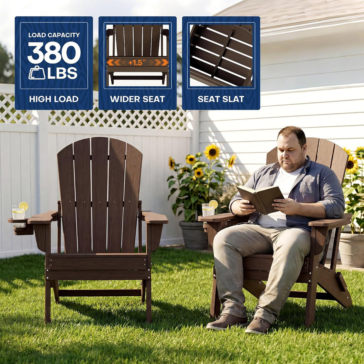 HDPE Folding Adirondack Chair with Cup Holder, Coffee