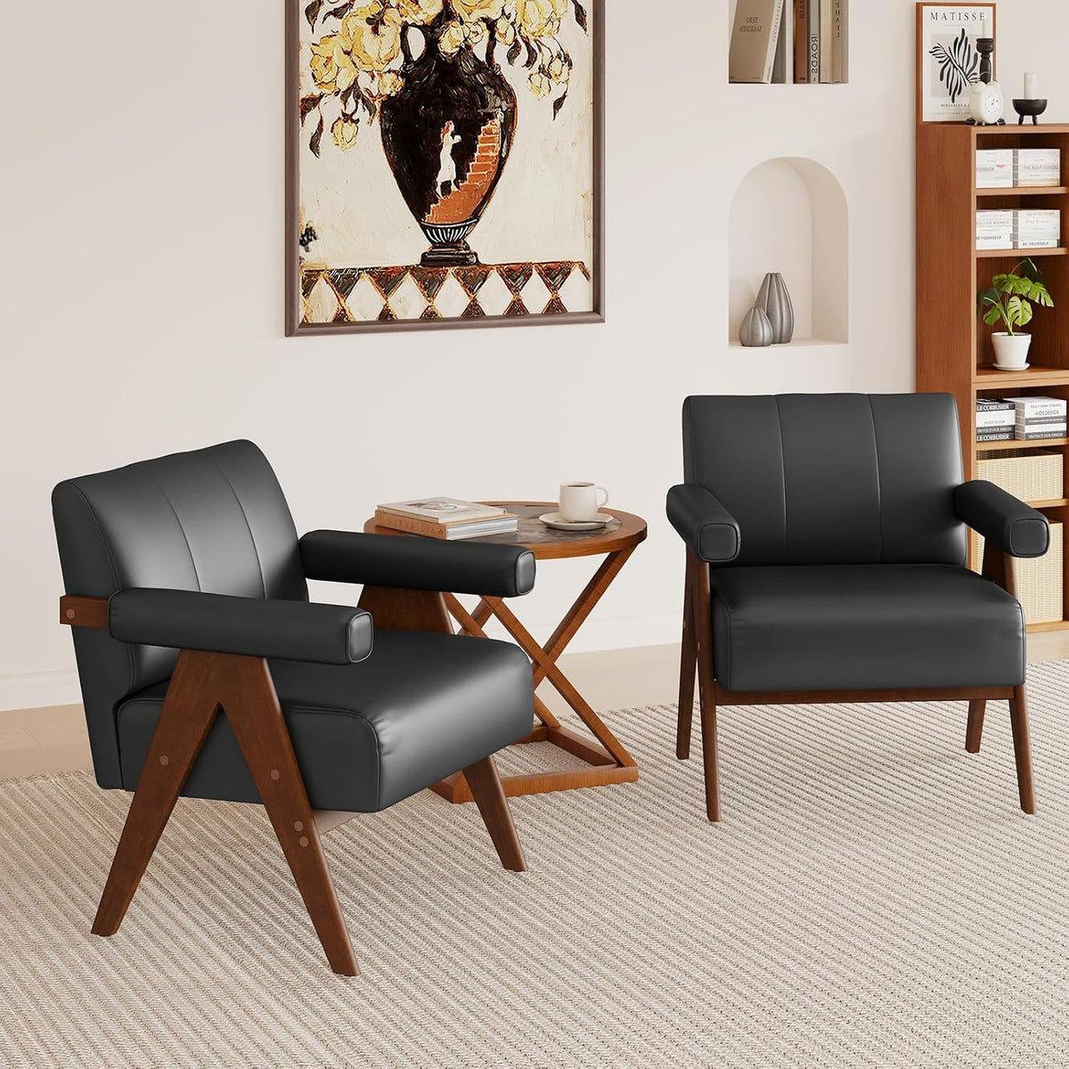 JIASTING Mid Century Modern Accent Chair Set of 2, Black Leather Armchair