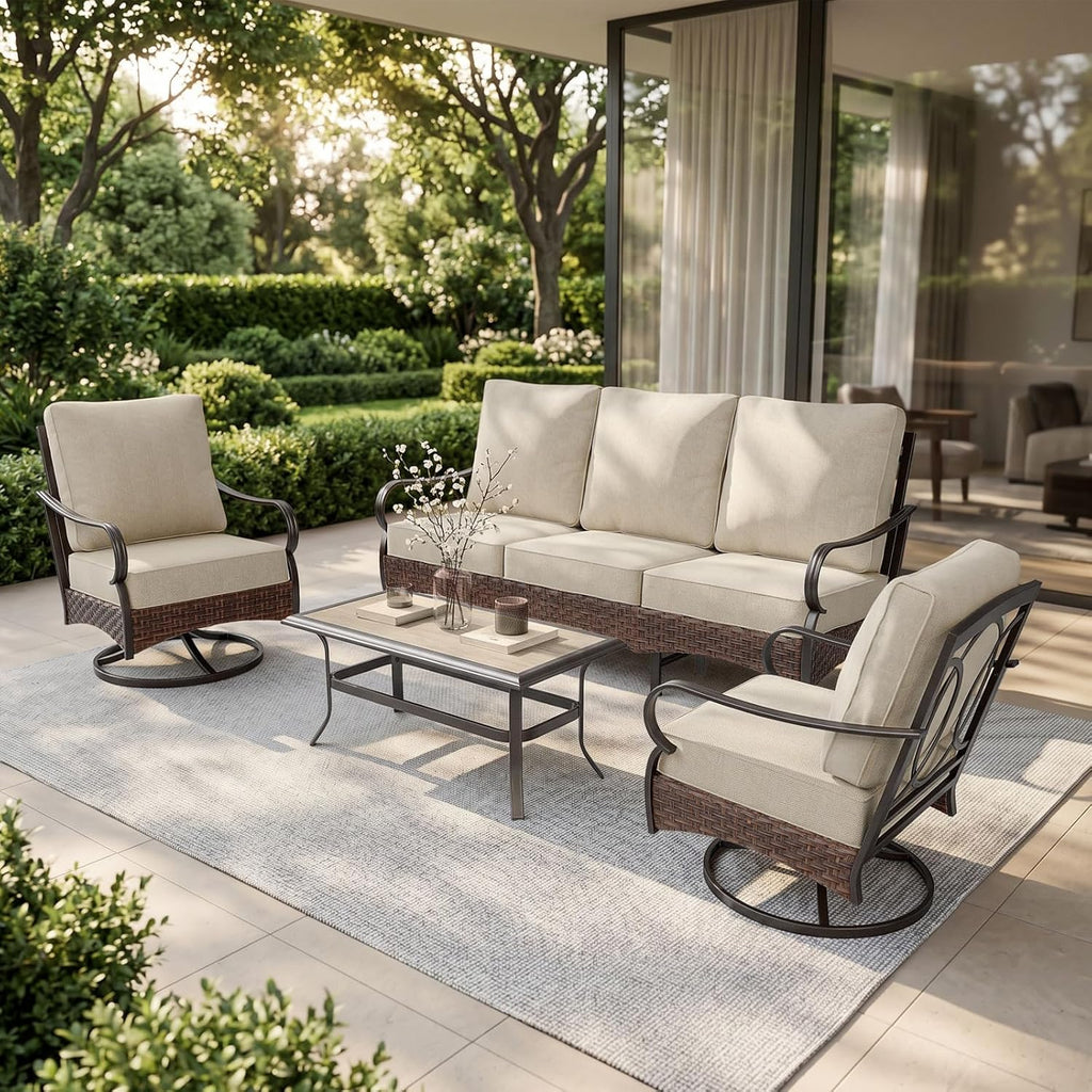PHI VILLA Metal Patio Furniture Set, 4 Pieces Outdoor Sectional, Beige