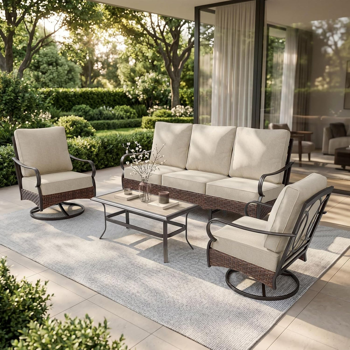 PHI VILLA Metal Patio Furniture Set, 4 Pieces Outdoor Sectional, Beige