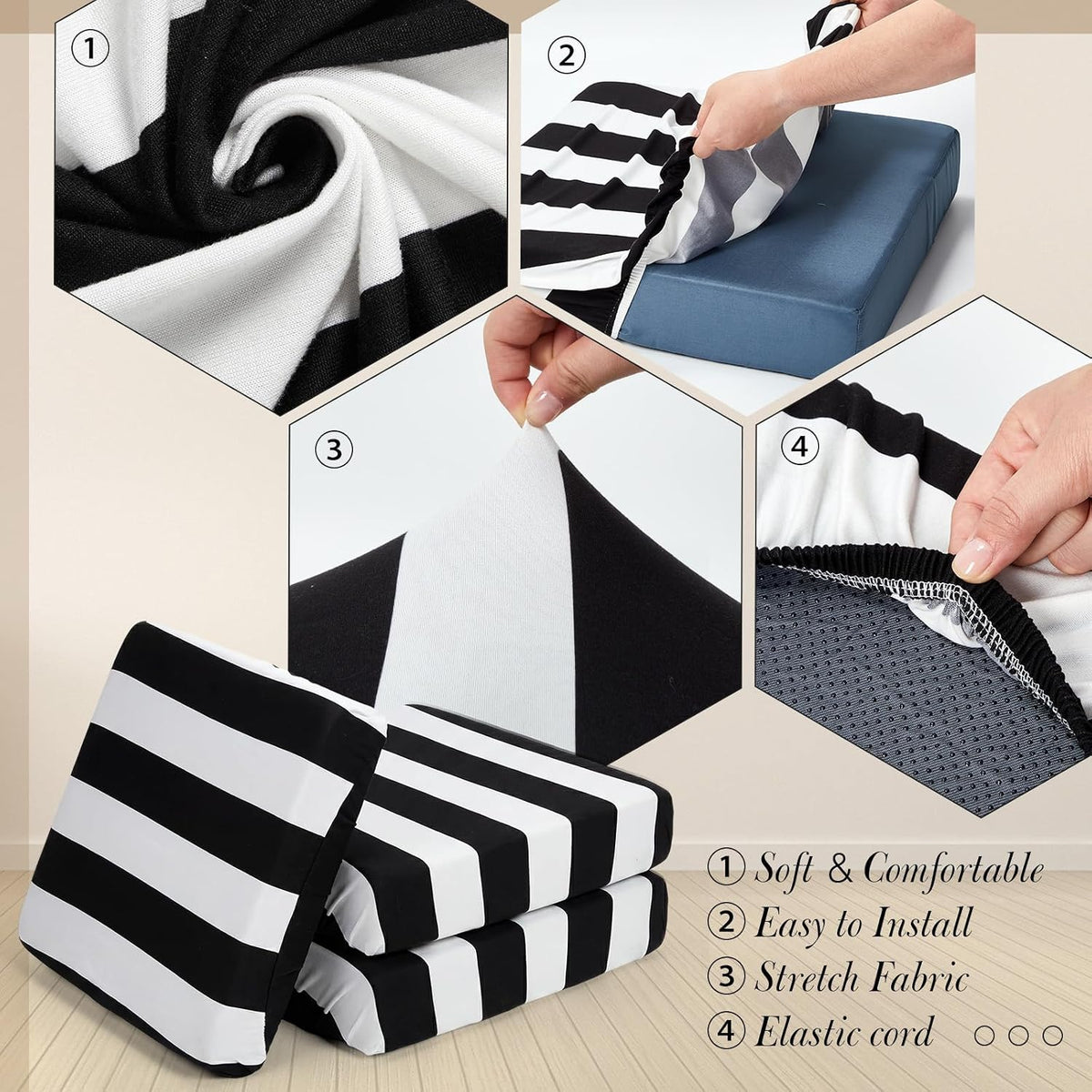 Newwiee 12 Pc Patio Stretch Cushion Covers,Black White,Stripes