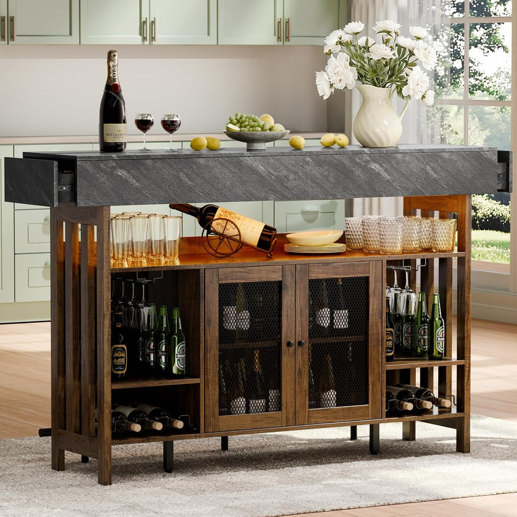 Loomie 63" Brown Bar Table Cabinet with LED, Drawers & Footrest for Home
