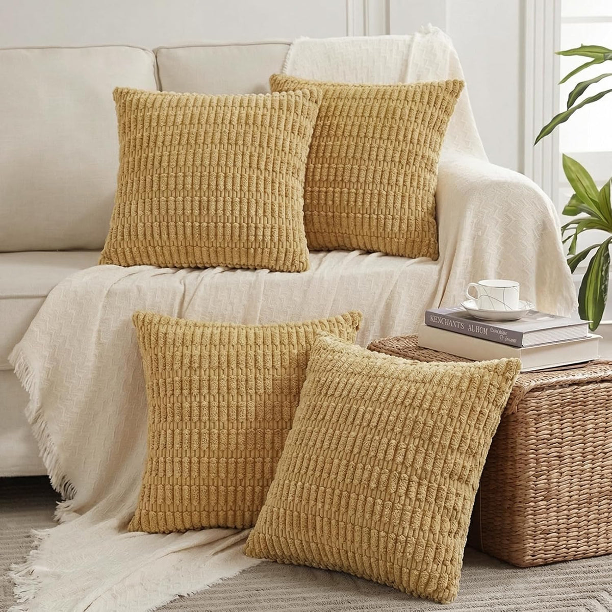 Fancy Homi 4 Packs Decorative Throw Pillow Covers for Living Room Couch Bed, Modern Farmhouse Boho Home Décor Accent Cushion Case, 22" x 22", Mustard Yellow