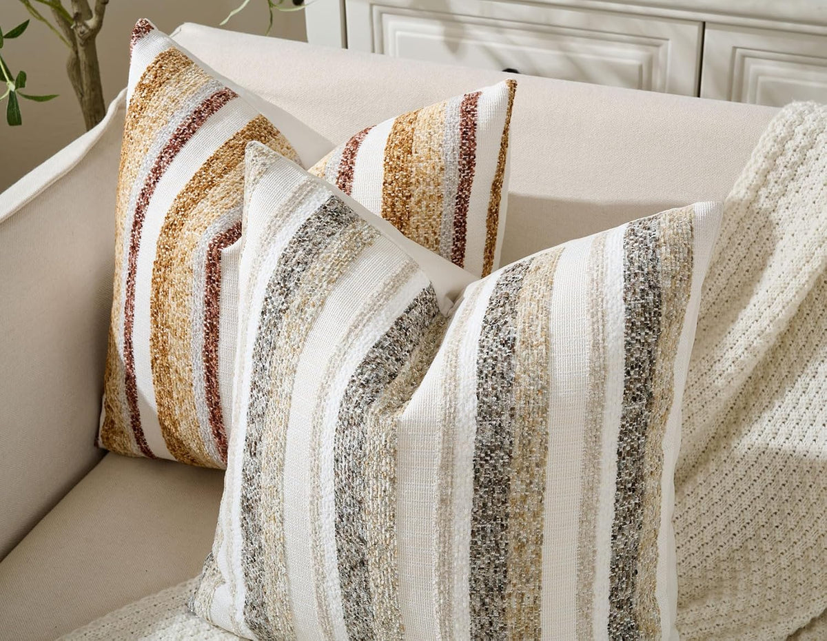 Zealax Modern Farmhouse Decorative Pillow Covers 20x20 Inch Boho Throw Pillows Neutral Soft Chenille Couch Cushion Covers, Set of 2 Velvet Striped Accent Pillows Cases for Sofa Bed Living Room, Beige