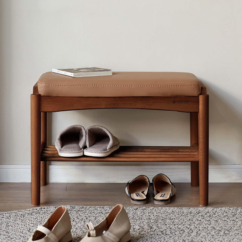 Solid Wood Shoe Bench, 24 Inch Entryway Bench with Brown Leather Cushion