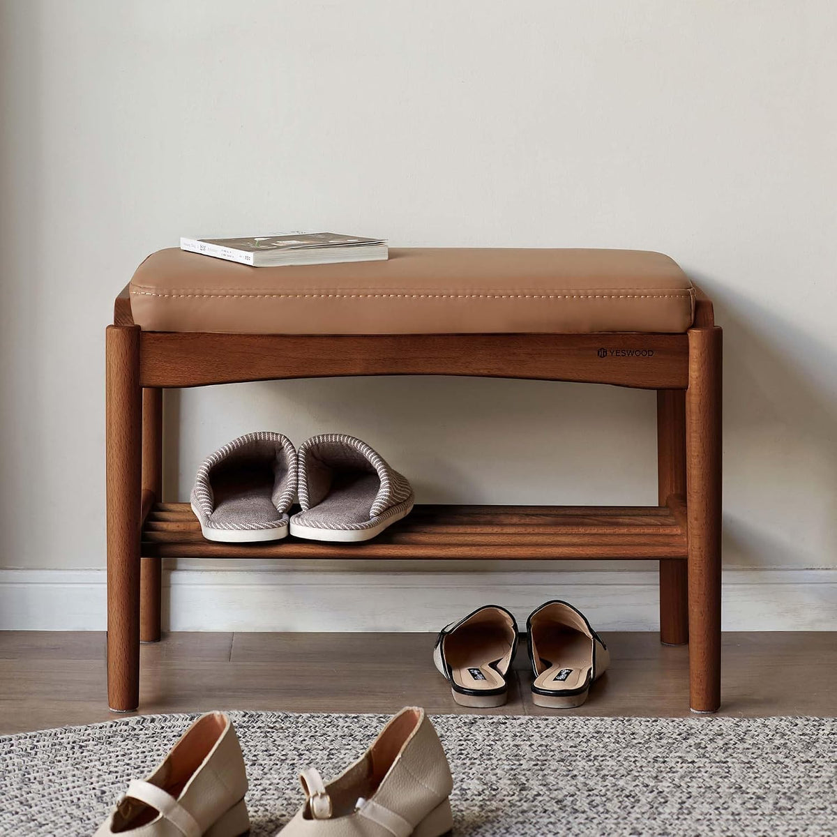 Solid Wood Shoe Bench, 24 Inch Entryway Bench with Brown Leather Cushion