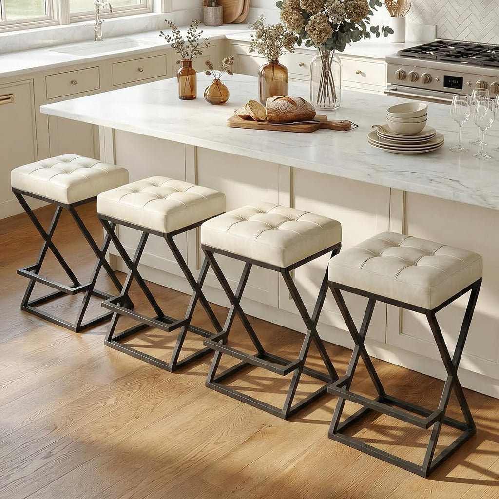 Bar Stools Set of 2, 26 Inch Counter Height Faux Leather Cream White