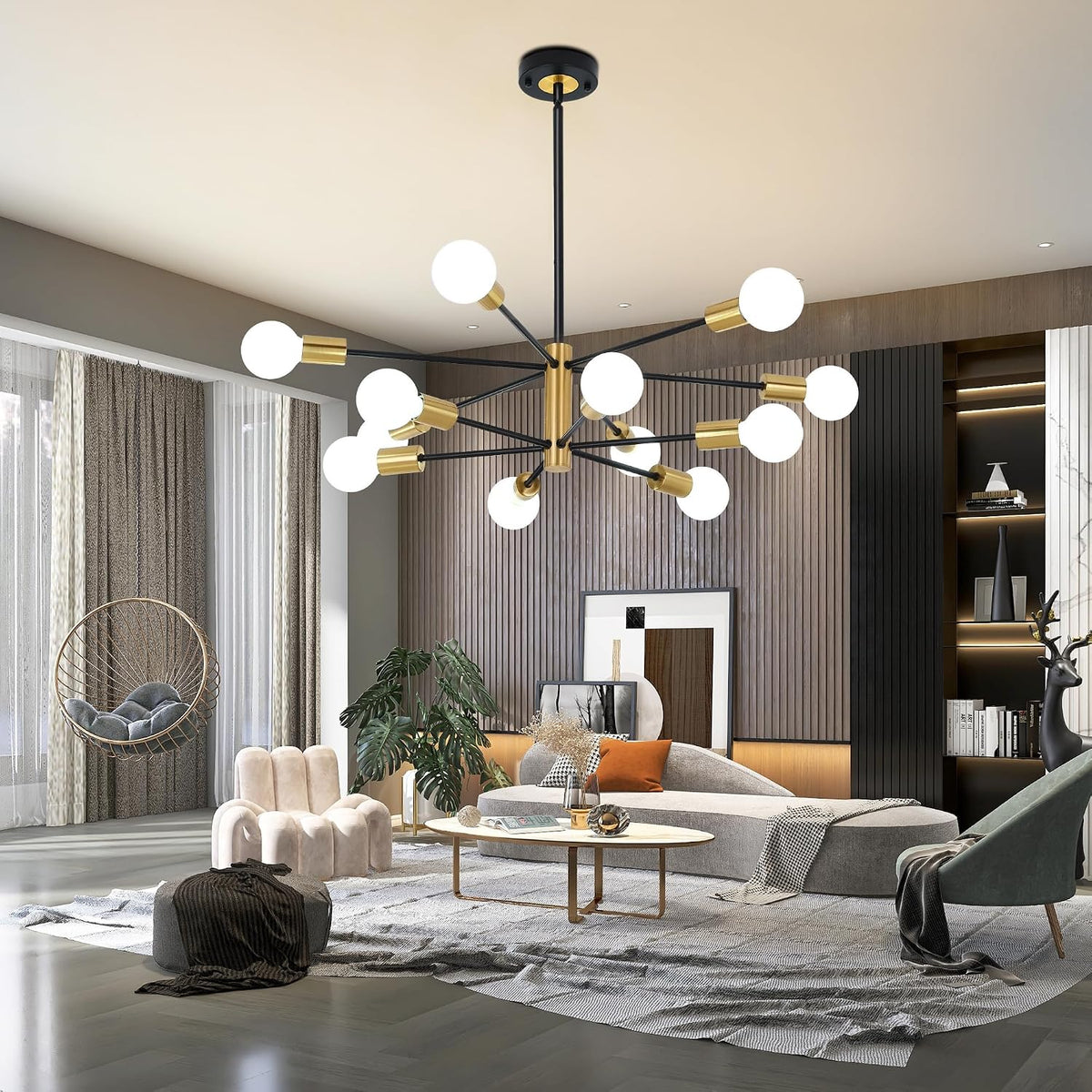 12-Light Modern Sputnik Chandelier, Mid Century Black Gold Ceiling Chandeliers, E26 Base,Branch Height Adjustable Pendant Lighting Fixture for Kitchen Island Dining Room Living Room Bedroom