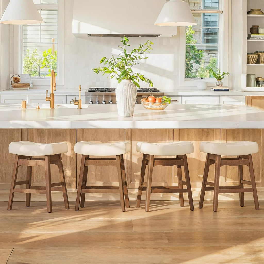 Cozyman Bar Stools Set of 3, 24" Backless Saddle, Ivory Faux Leather