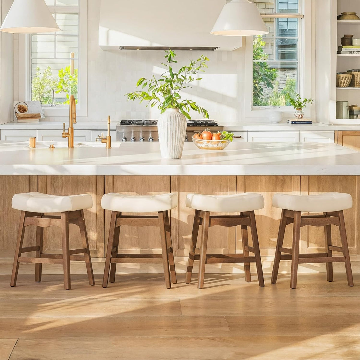Cozyman Bar Stools Set of 3, 24" Backless Saddle, Ivory Faux Leather