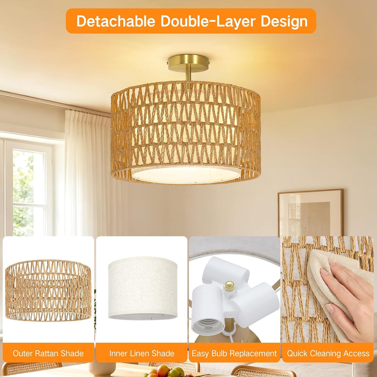 outon 17" boho rattan semi flush mount ceiling showing dimensions