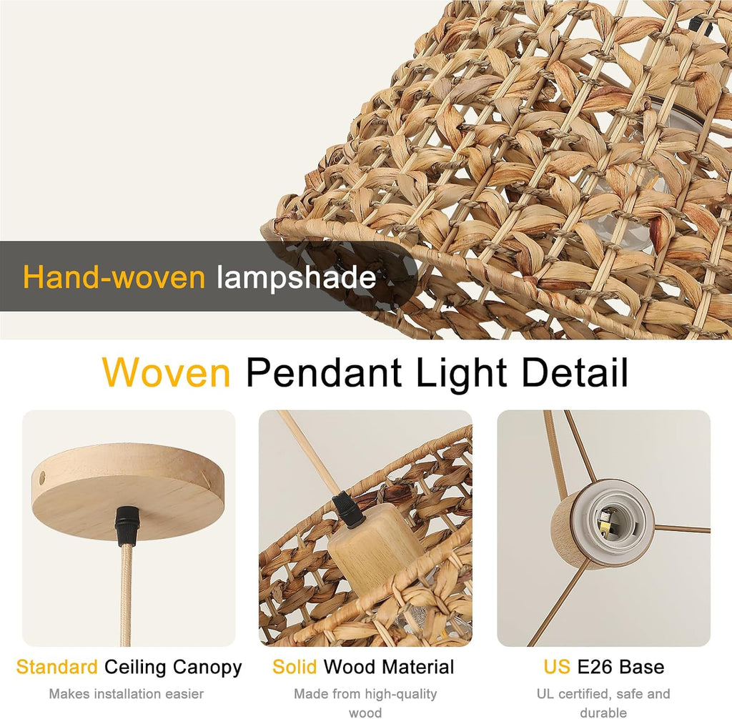 rattan pendant light, 15.8" boho wicker chandelier, hand-woven shown in use