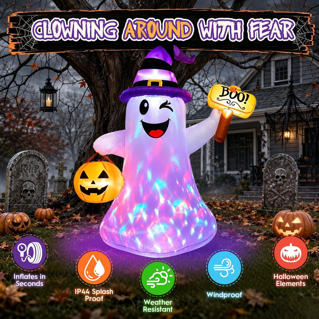 4.5 FT Halloween Inflatables Ghost with Pumpkin Boo, Halloween Decorations Outdoor with Build-in LED Lights Blow Up Cute Wizard Ghost Inflatables for Garden Lawn Yard Party Decor