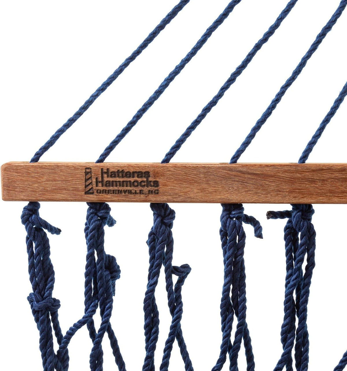 Hatteras Hammocks Executive Navy DuraCord Rope Hammock – 13 ft. x 65 in., 2-Person, 450 lb Capacity, Cumaru Spreader Bar, Zinc-Plated Hardware – Handcrafted in The USA