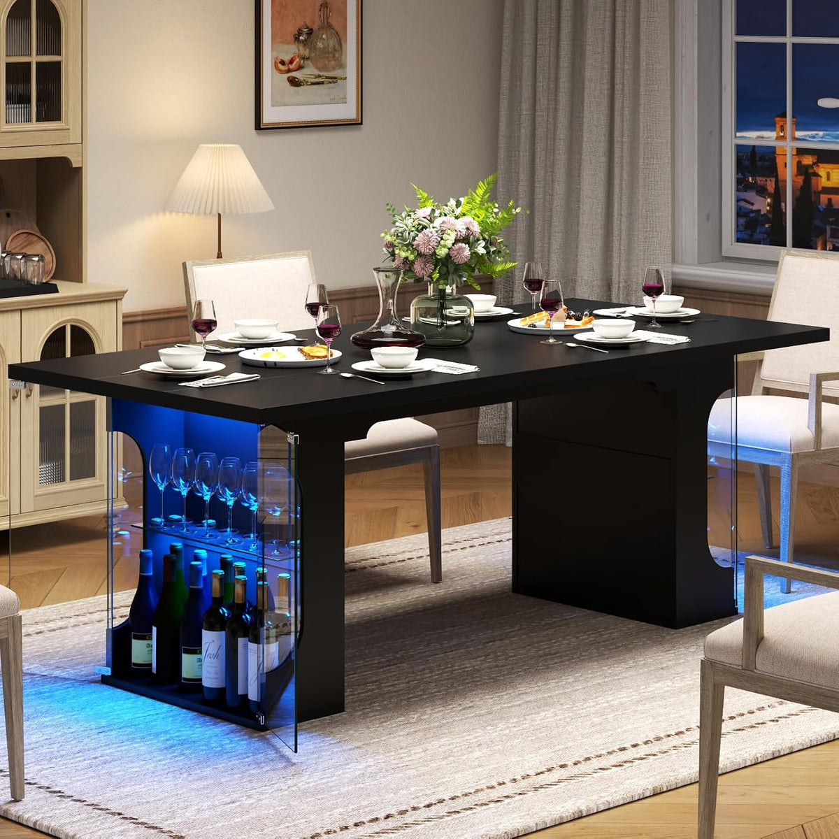 Loomie 70.8" Large Dining Table with Glass Storage Cabinet & LED Lights