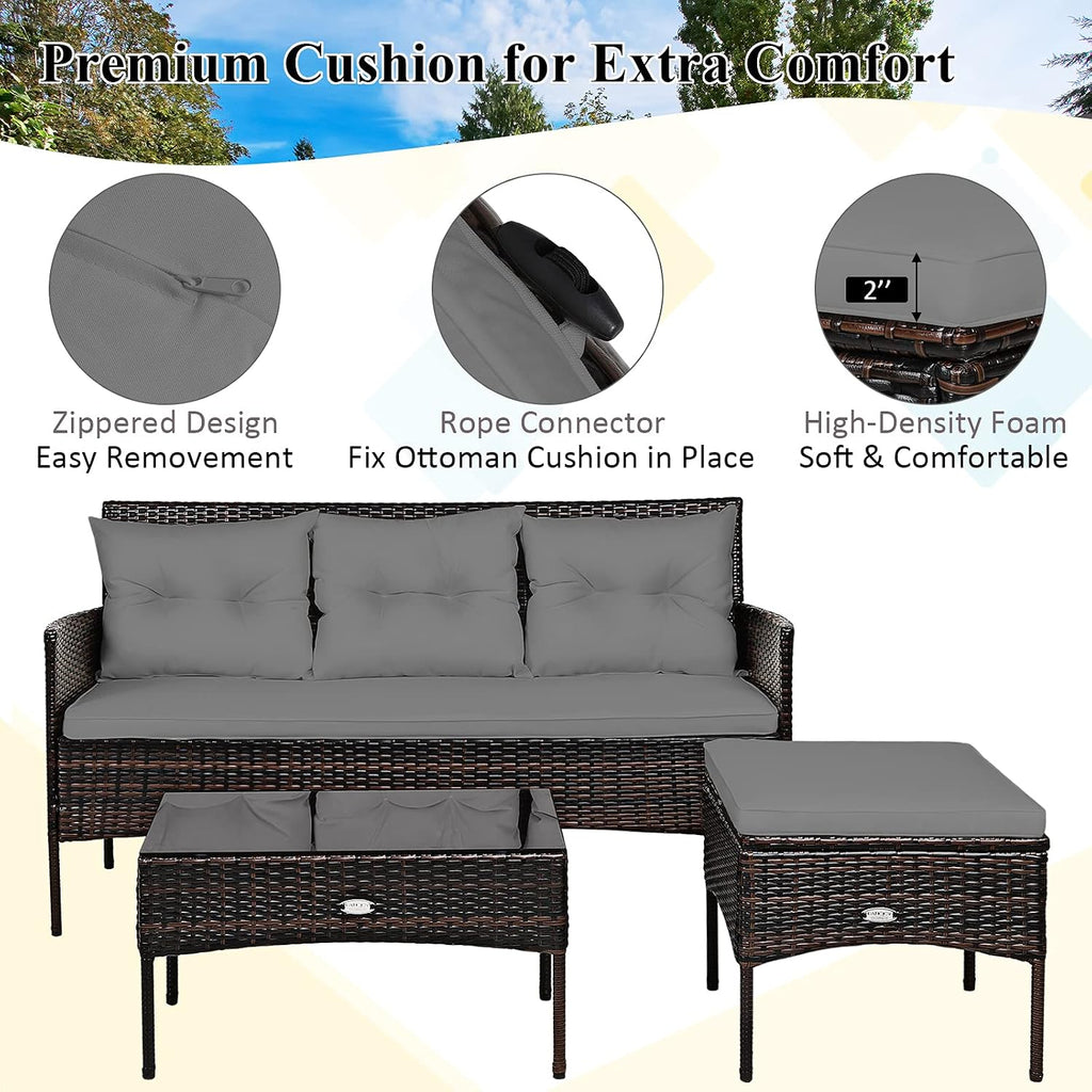 Tangkula 3 Pieces Patio Conversation Set, All Weather Outdoor PE Rattan Wicker Furniture Set with Padded Cushions, Tempered Glass Coffee Table, for Poolside, Backyard, Garden (Gray)