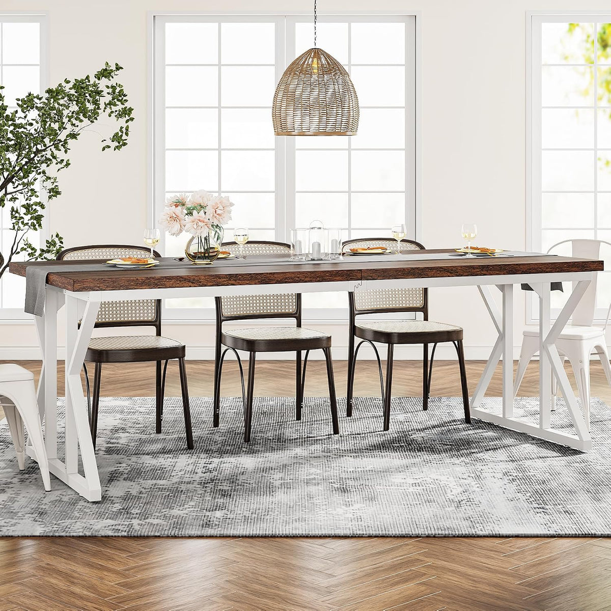 Tribesigns Farmhouse Dining Table for 6-8 People, 78.7-Inch Rectangular Wood Dining Table, Rustic Kitchen Table with Heavy Duty Metal Legs for Dining Room