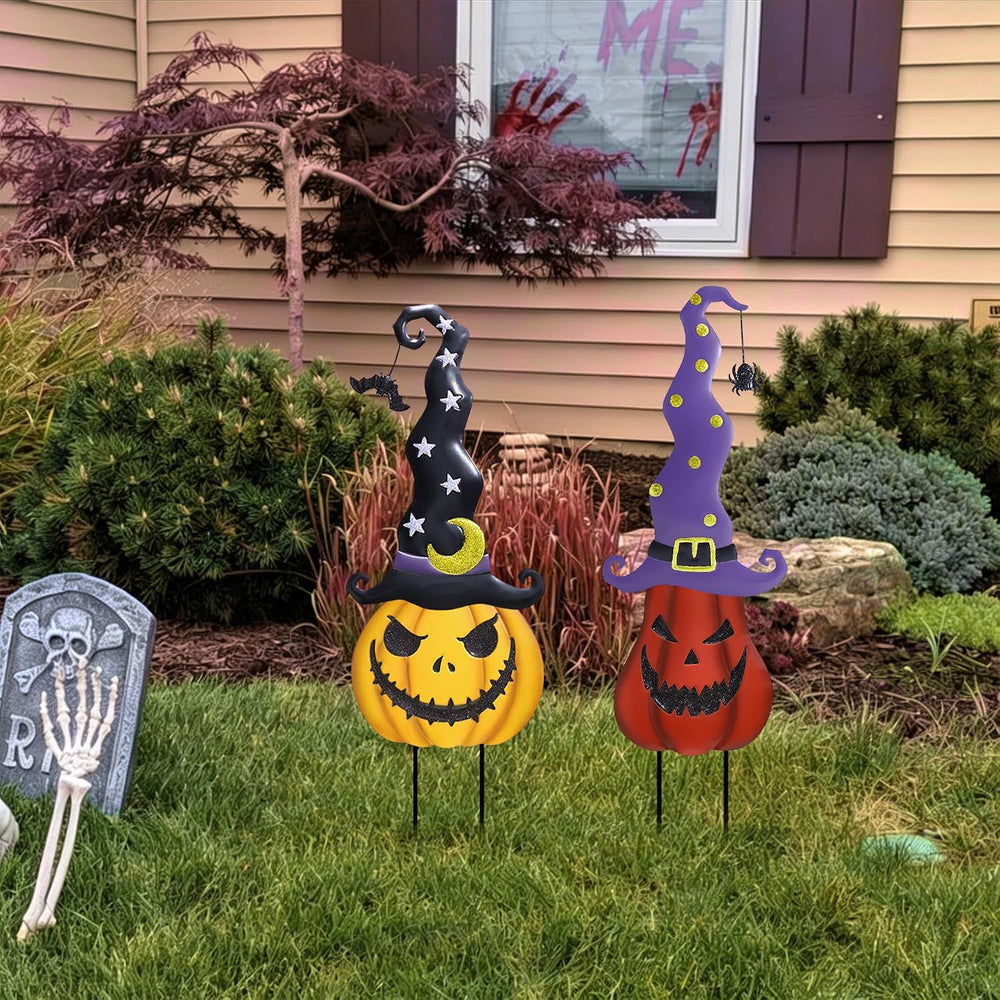 Halloween Garden Stakes - 2 Pack Stacked Metal Pumpkins with Witch Hat