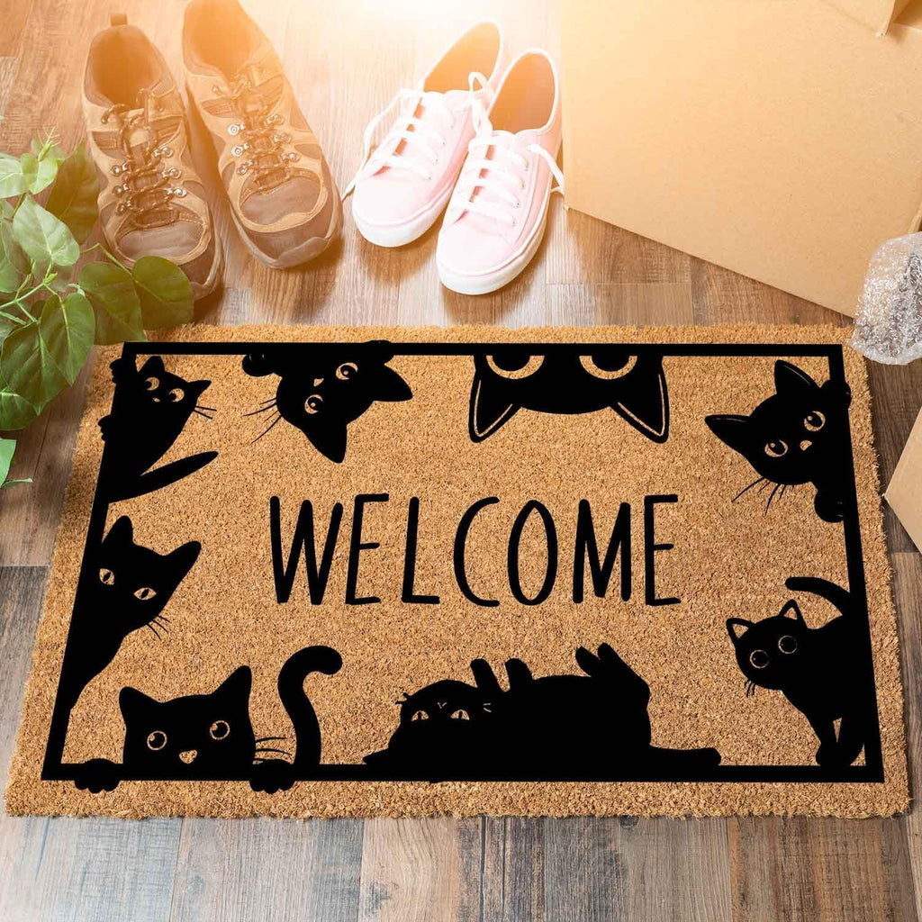 Cute Peeking Cat Welcome Doormat, 23.6 x 15.7 Inch, Water Resistant, Modern Style, Flat Woven, Spot Clean Only