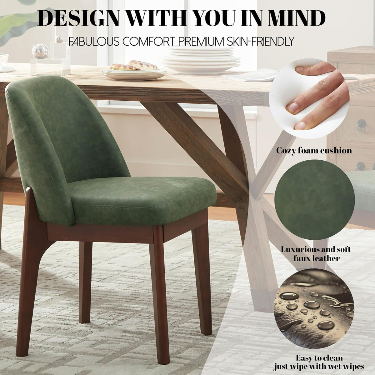 VKNOW Dining Chairs Set of 6, Faux Leather Wooden Kitchen Chairs, Green