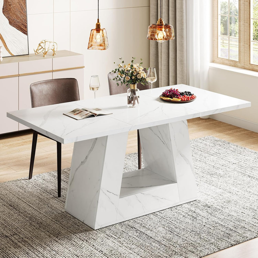 Tribesigns Dining Table for 4 to 6 People, 63" Rectangular Dining Room Table, Modern Wooden Faux Marble Dinner Table with Sturdy Base for Kitchen, Living Room