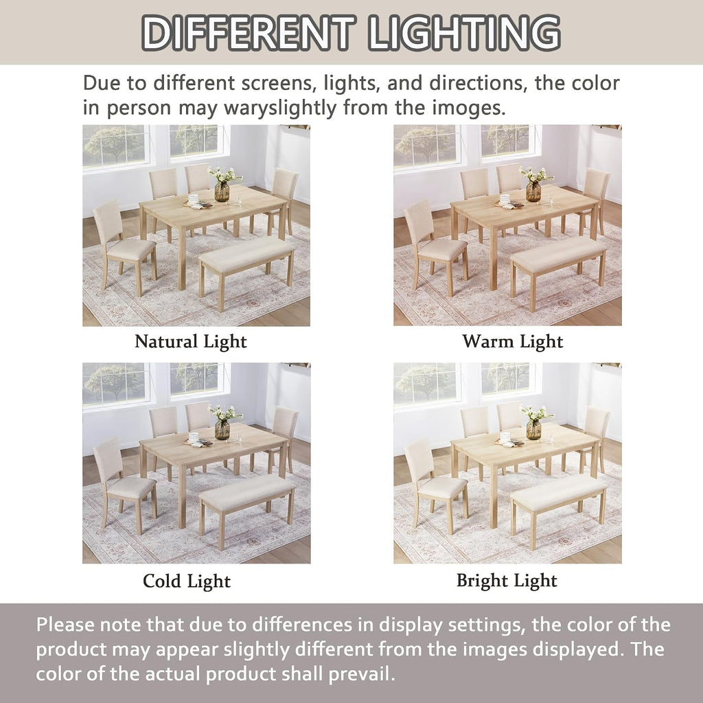 Harper & Bright Designs 6-Piece Dining Set with Bench & 4 Upholstered Chairs, 58.5" Modern Farmhouse Kitchen Table for 6, Easy Assembly,Light Oak & Beige