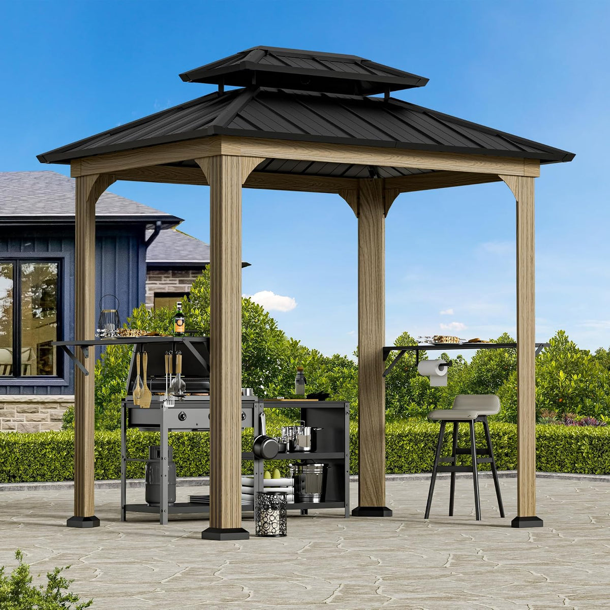 Modern Shade Grill Gazebo 6x8 with USB Charging Power Strip, Wood Grain