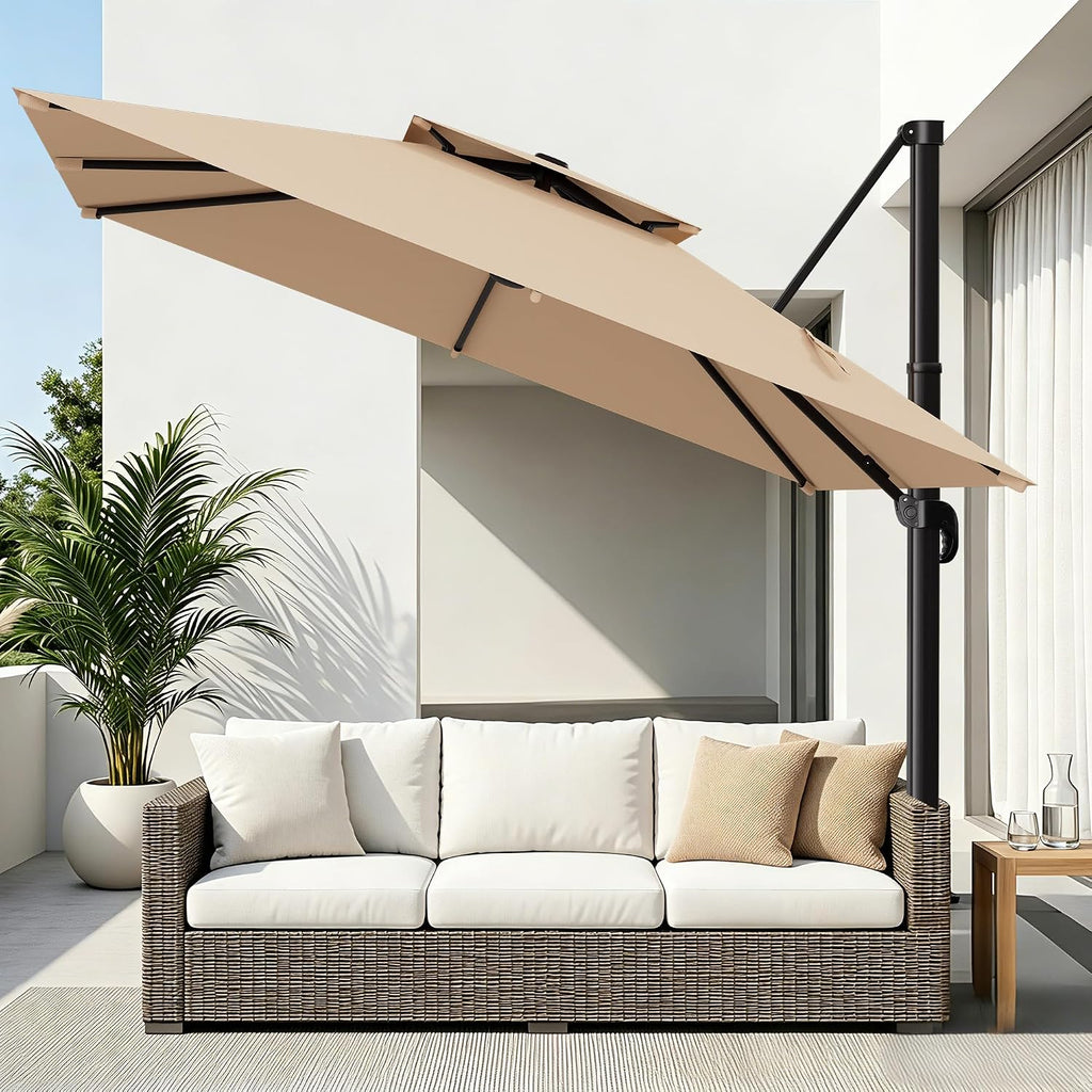 AreShark 12×12 FT Double-Top Cantilever Patio Umbrella, Beige