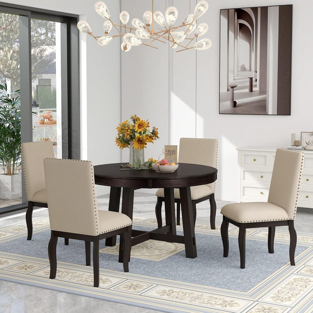 Harper & Bright Designs Round Kitchen Dining Table Set for 4, 5 Piece Farmhouse Wood Round Extendable Dining Table & 4 Upholstered Dining Chairs, Espresso (ST000074AAP-MZJ)