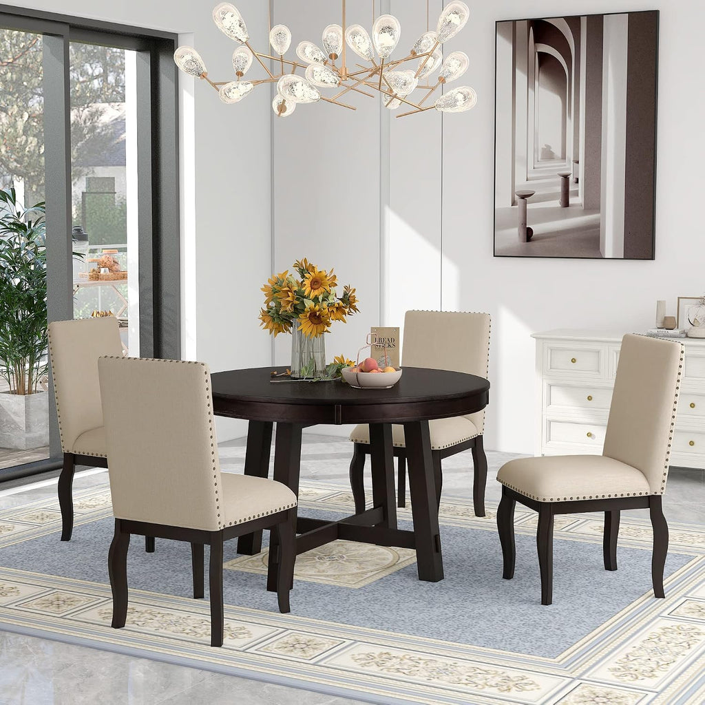 Merax Farmhouse Dining Table Set - Wood Round Extendable Dining Table and 4 Upholstered Dining Chairs (Espresso)