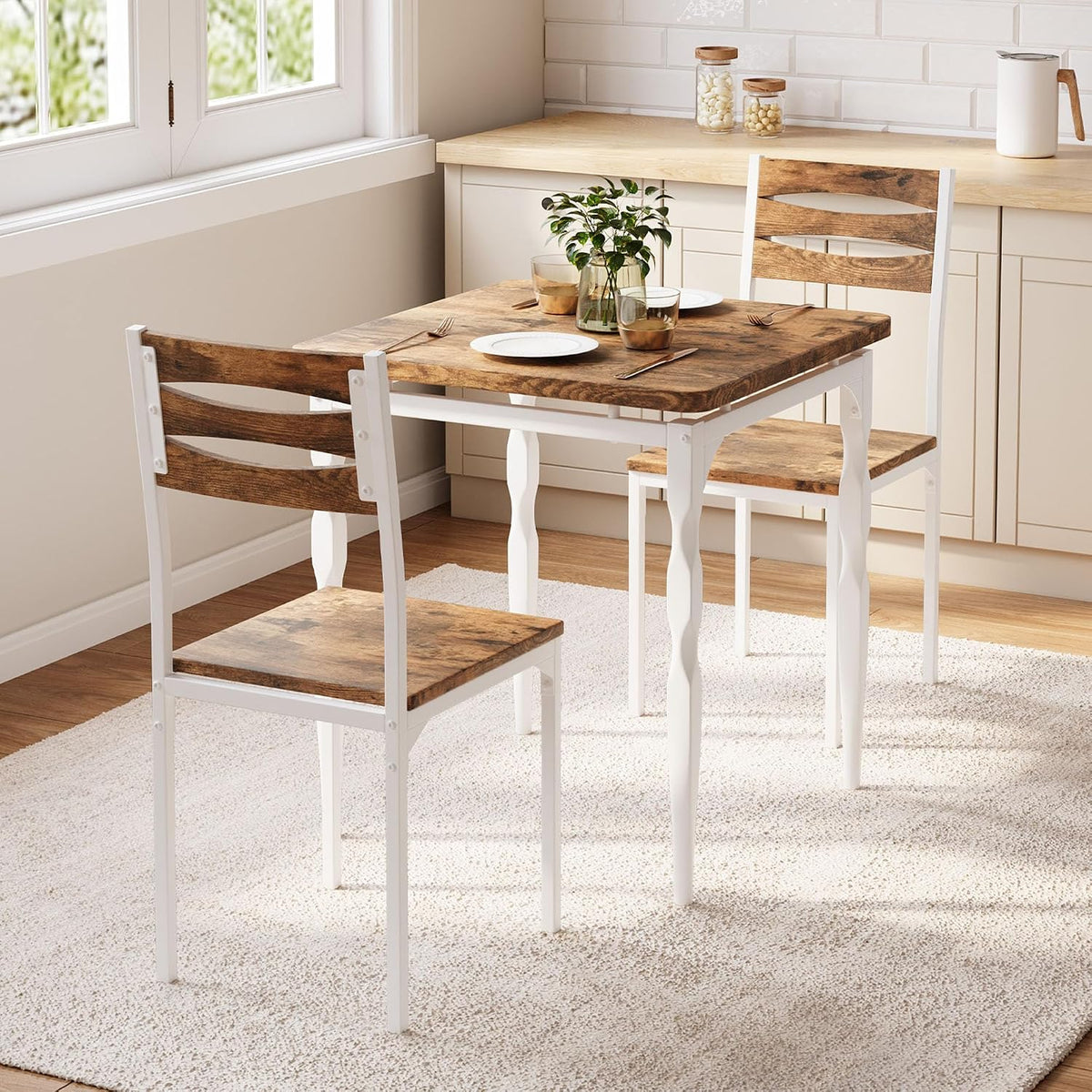 GarveeHome 3 Piece Dining Table Set, Kitchen Table Set for 2, White Brown