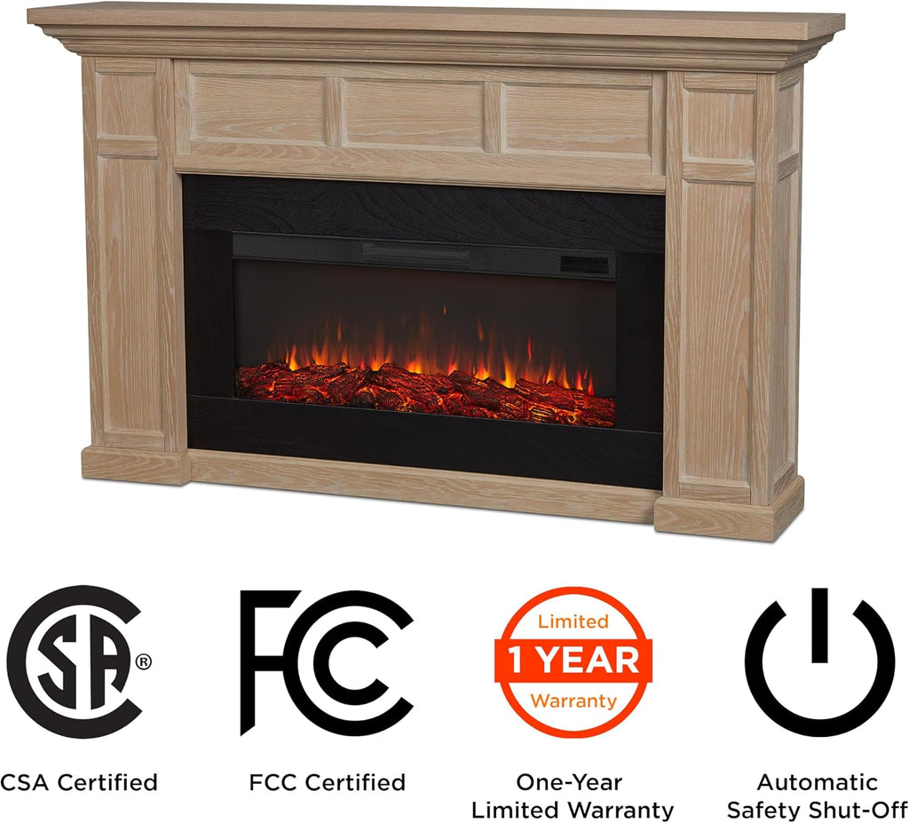 Real Flame Alcott 75” Electric Fireplace with Mantel for Living Room or Bedroom, Replaceable Fireplace Insert Heater, Realistic Log and Flame Effect, Remote Control, Timer
