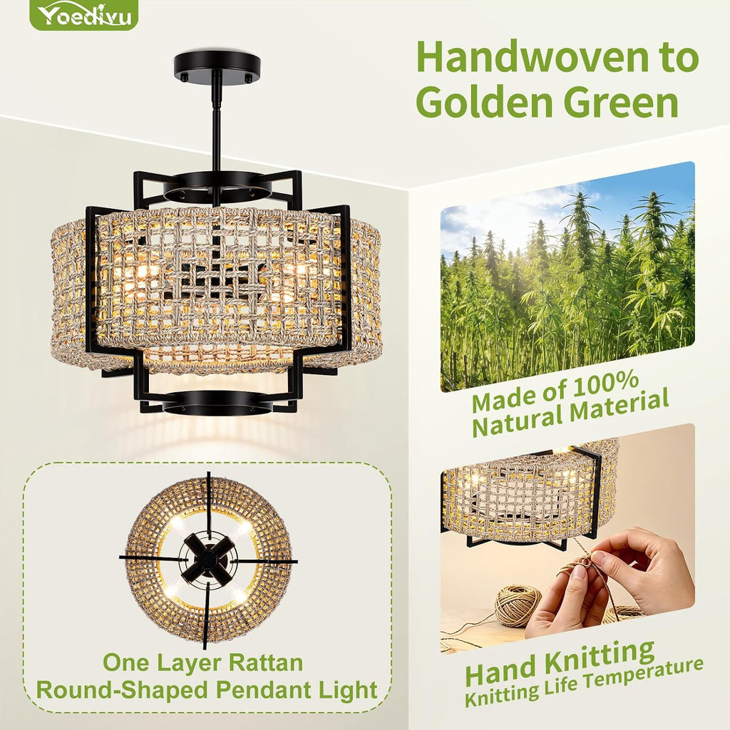 18" rattan chandelier, 4-light boho pendant light for, close-up detail