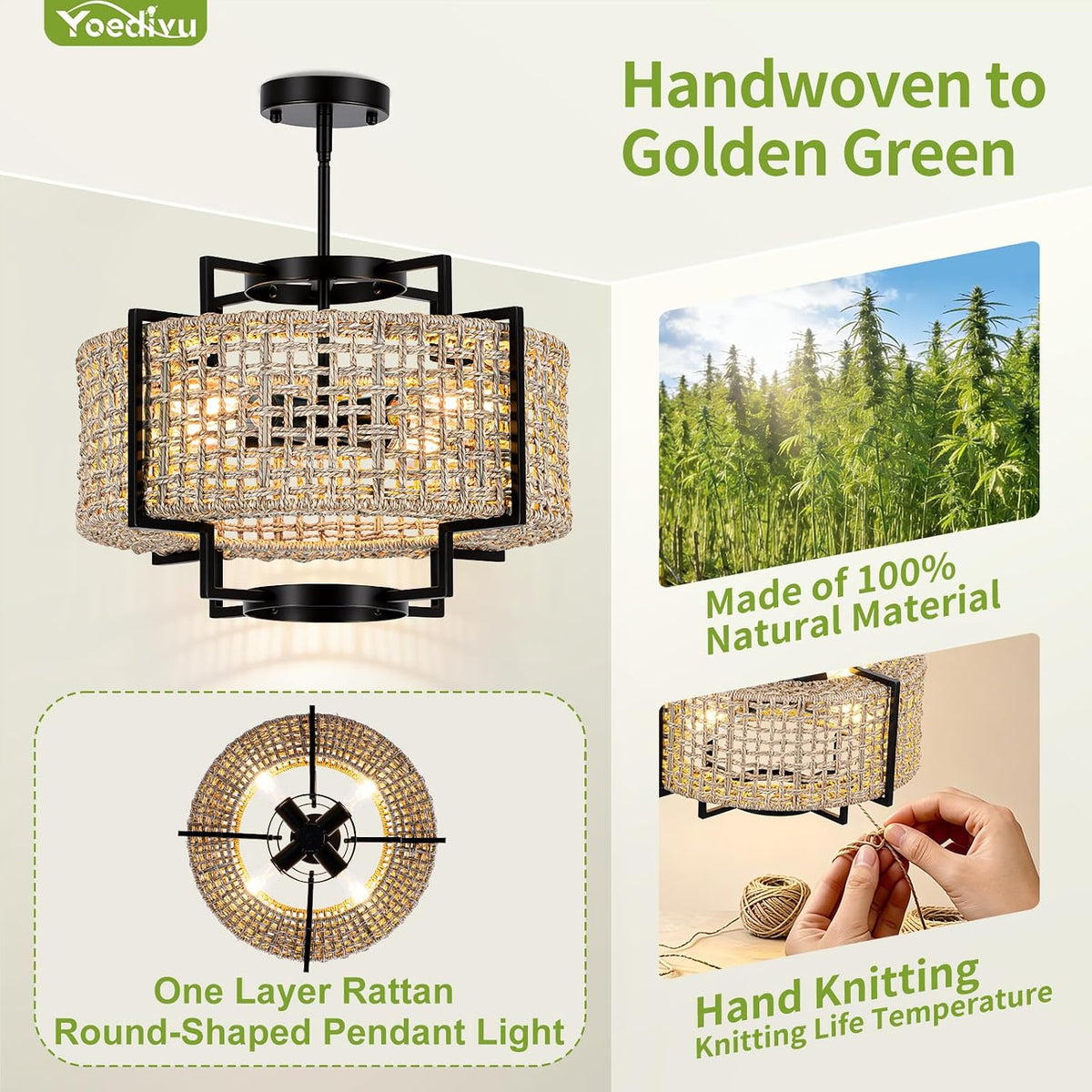 18" rattan chandelier, 4-light boho pendant light for, close-up detail