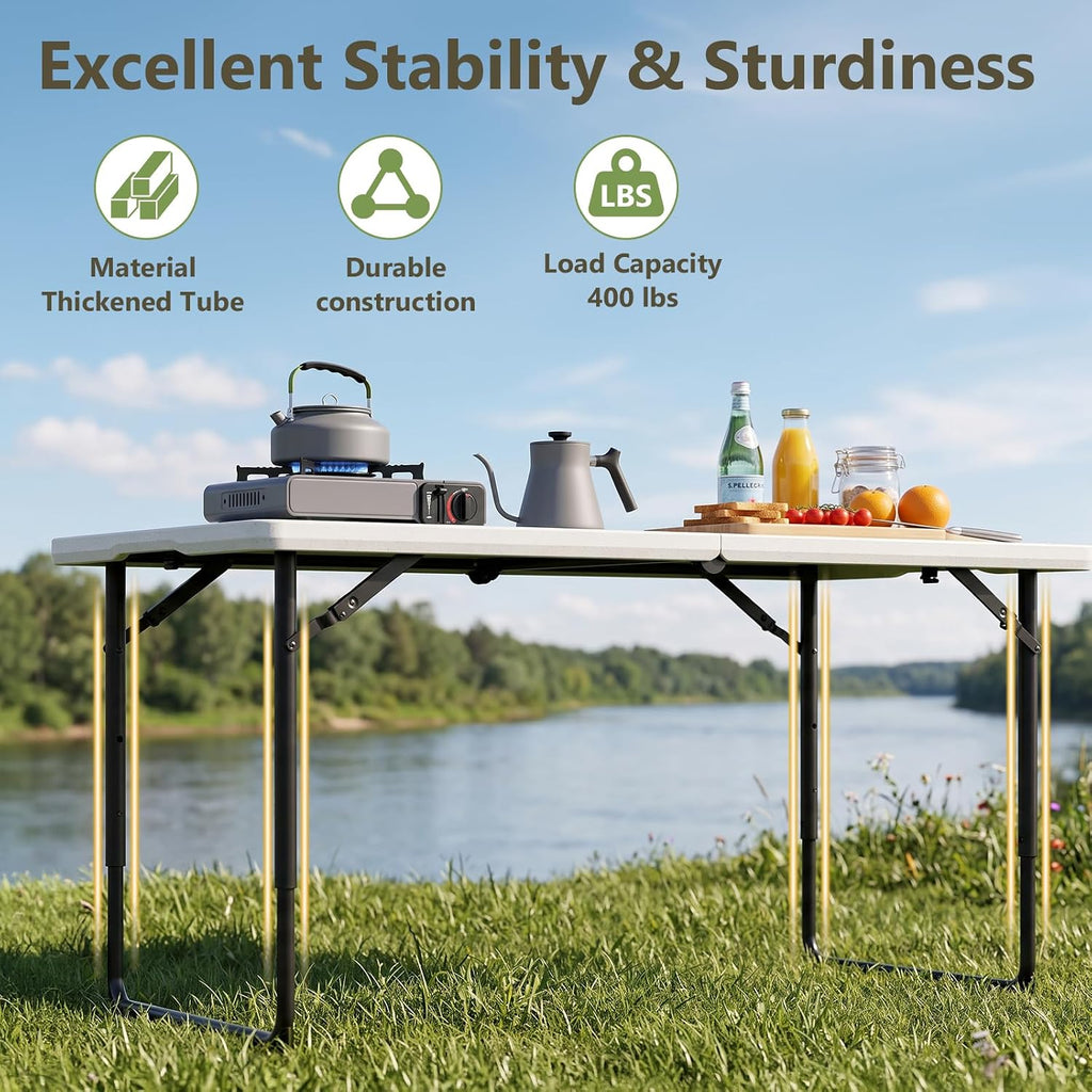 Folding Table, 4 FT Foldable Plastic Table with Adjustable Height, Heavy Duty Fold in Half Utility Table, Portable Picnic Table for Camping, Parties, RV Travel, Banquet