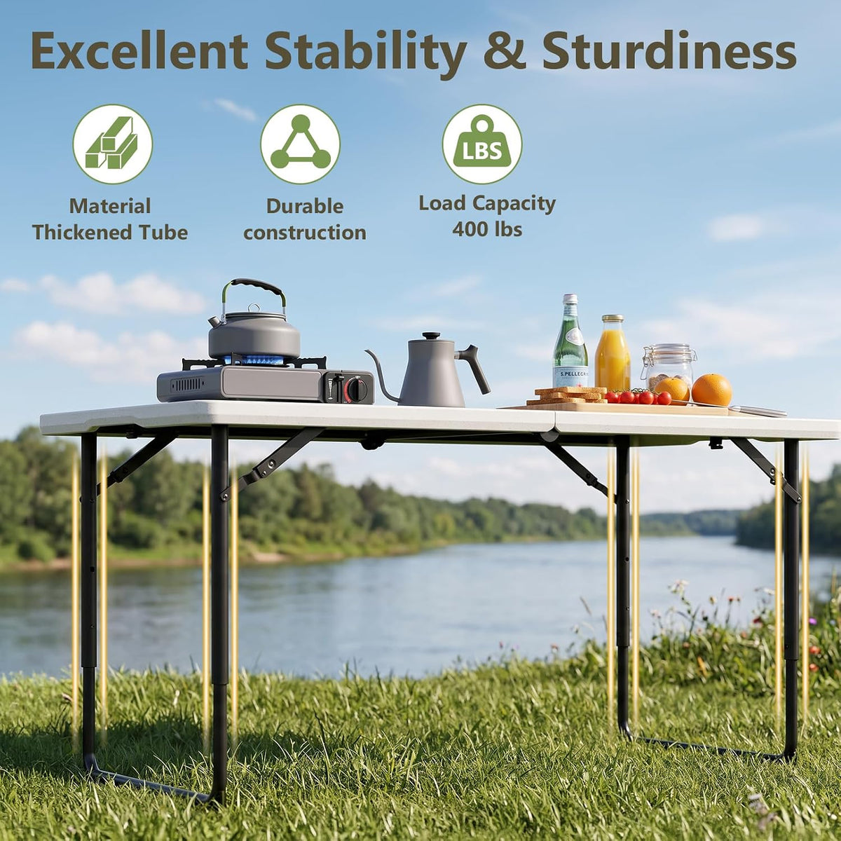 Folding Table, 4 FT Foldable Plastic Table with Adjustable Height, Heavy Duty Fold in Half Utility Table, Portable Picnic Table for Camping, Parties, RV Travel, Banquet