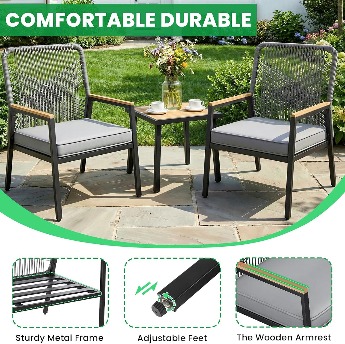 LIFERUN 3-Piece Rattan Patio Set with 2 Chairs and Table, Gray