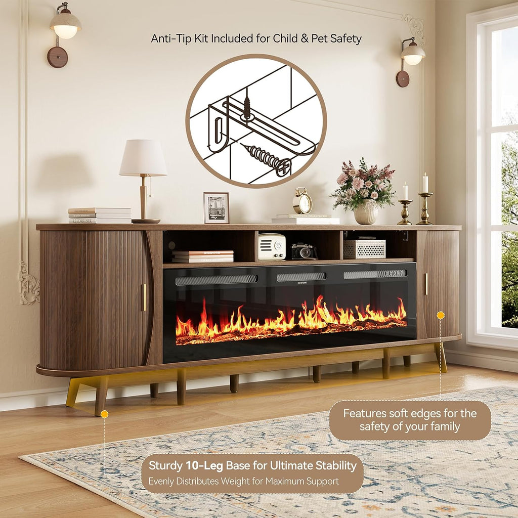97" Fireplace TV Stand for 100" TV, Mid Century Modern Entertainment Center with 60" Electric Fireplace, Media Console with Sliding Doors & Adjustable Shelves for Living Room, Walnut